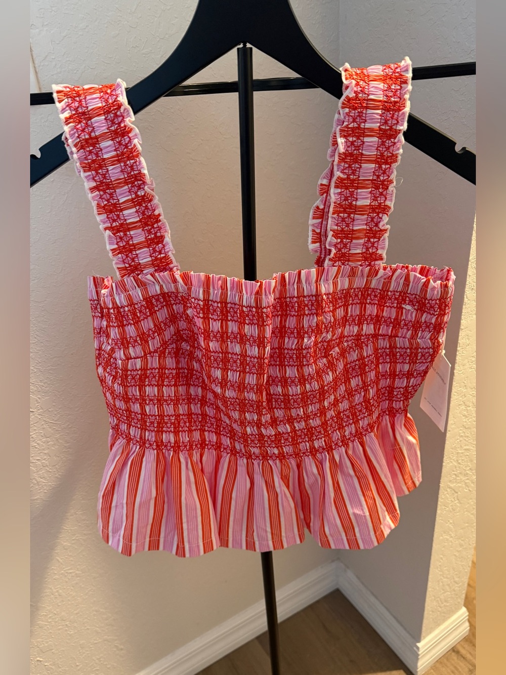 Red & White Smocked Striped Women's Top